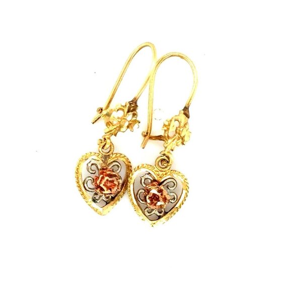 14K Gold Rose Heart Dangle Earrings - Picture 1 of 4